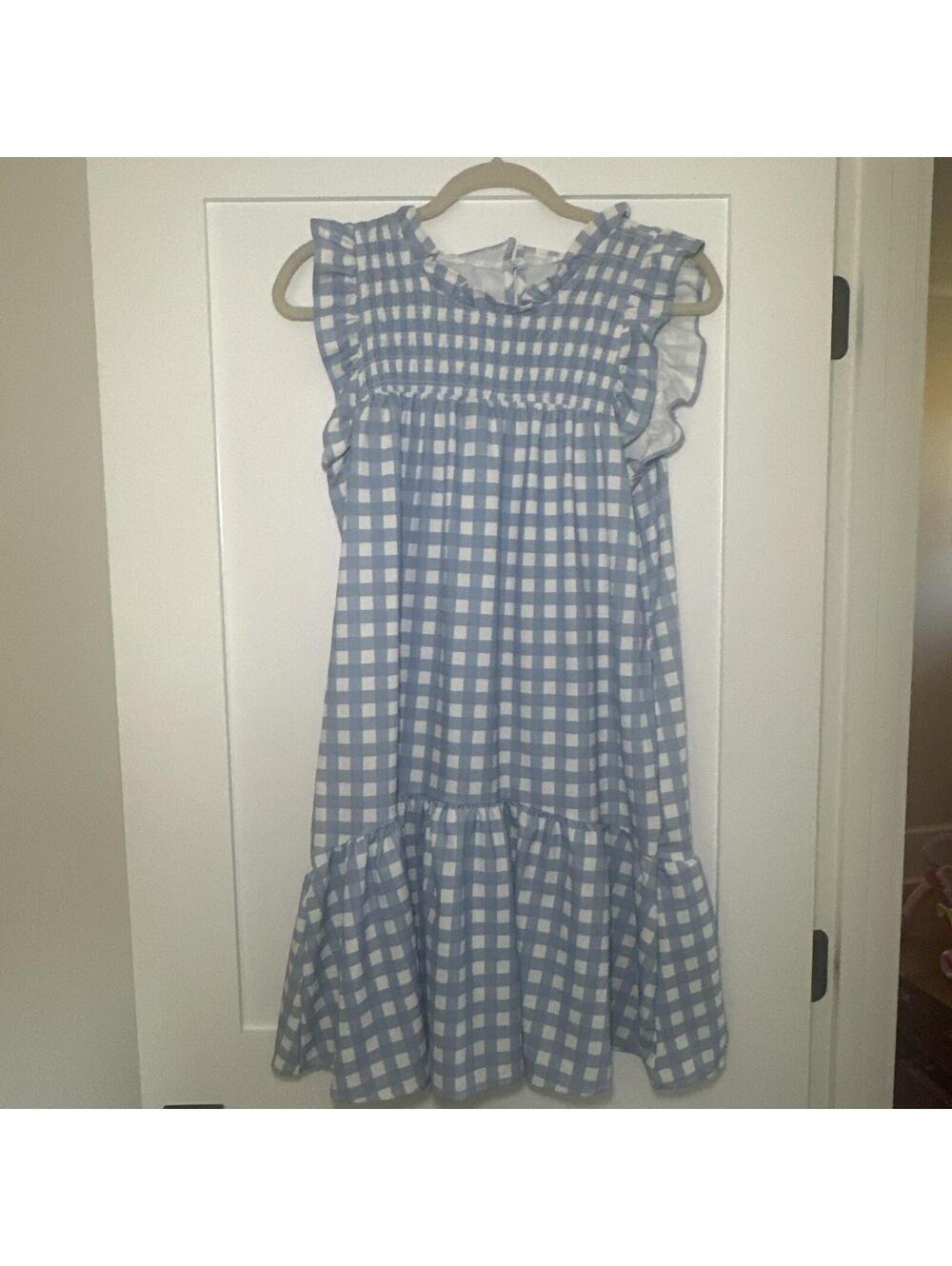 Michelle McDowell Smocked Gingham Dress Womens Small S blue Ruffle